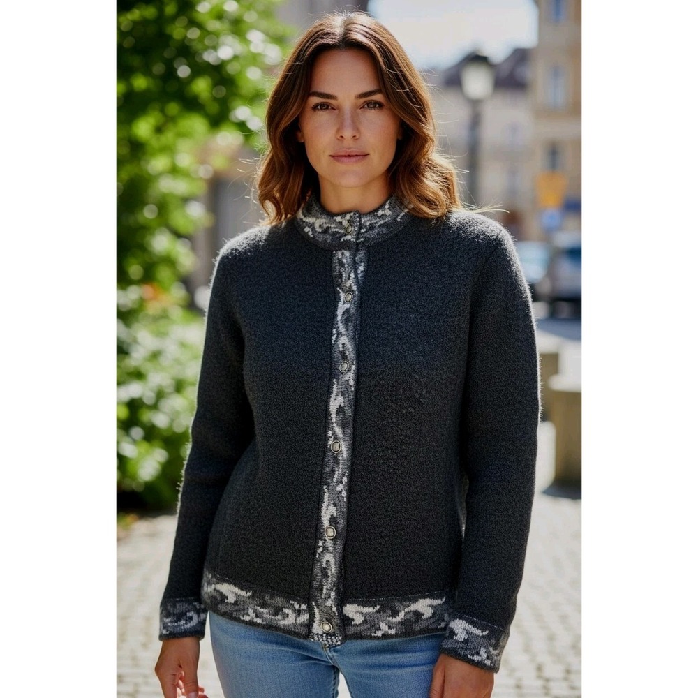 Harley of Scotland‎ Merino Wool Button Cardigan Sweater Black Gray Women's XL